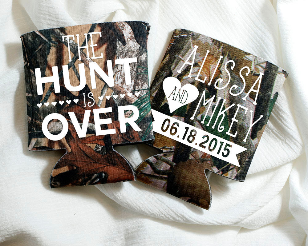 Rustic Wedding The Hunt is Over Camo Can Cooler Design