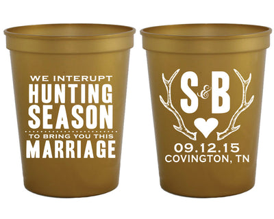 Rustic Monogram Hunting Season Wedding Stadium Cup Design #1303
