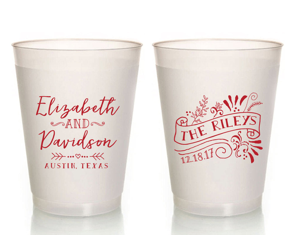 Floral Name Banner Wedding Frosted Plastic Cup Design #1367