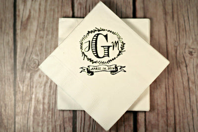 Wreath Wedding Monogram Cocktail Napkin Design #1024