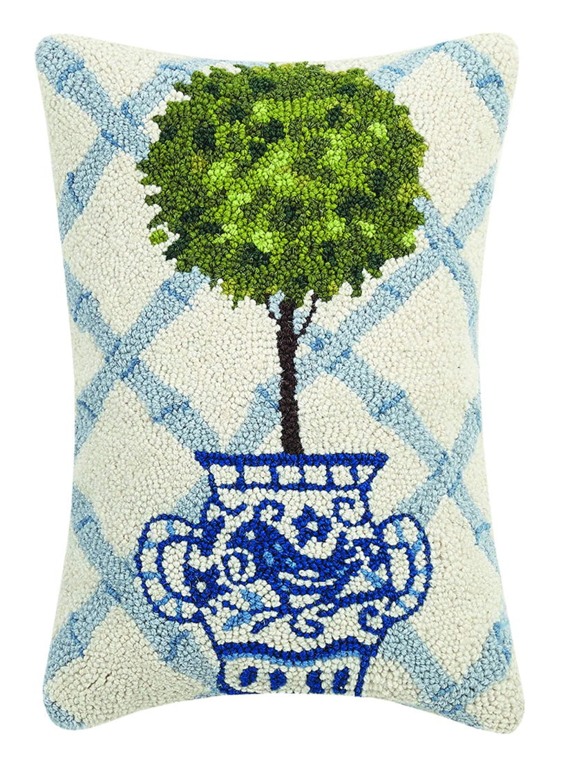 Ball Topiary Wool and Cotton Pillow, Blue Trellis Pattern